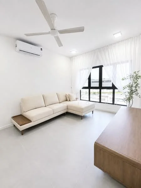 Living features: L-shape sectional sofa in cream, wooden side table, floor-to-ceiling windows, sheer curtains, white painted walls, light grey tile flooring, 5-blade ceiling fan, wall-mounted split AC, decorative indoor plant, recessed LED downlights; style: modern.