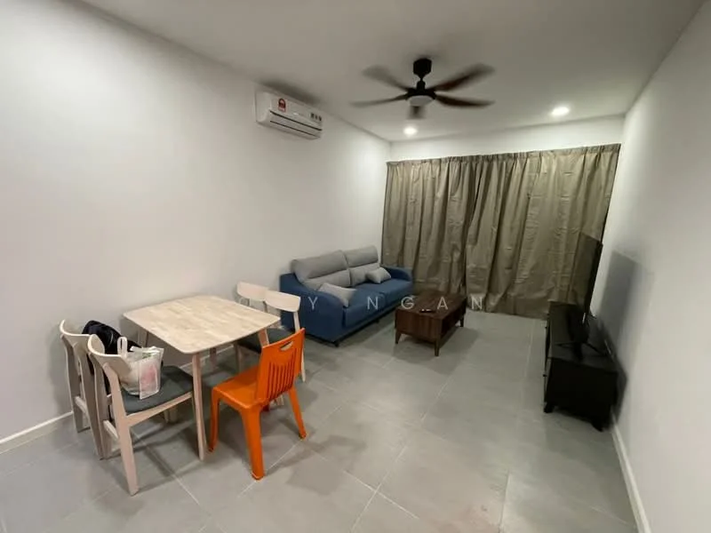 Living features: grey fabric sofa, wood coffee table, TV console, wall-mounted TV, 4-blade ceiling fan, 1 wall-mounted split AC, light grey tiled flooring, white painted walls, curtains in beige, dining table with 4 chairs, orange plastic chair; style: modern.