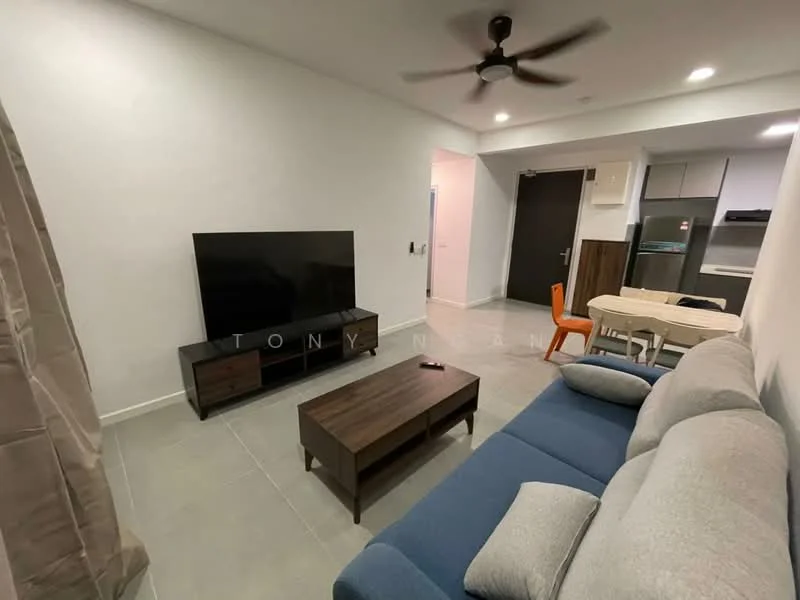 Living features: grey fabric sofa, blue accent sofa, wood coffee table, black TV console, wall-mounted flat-screen TV, ceiling fan, light grey tiled flooring, white painted walls, dining table with four chairs, open layout to kitchen, doorway to hallway; style: modern.