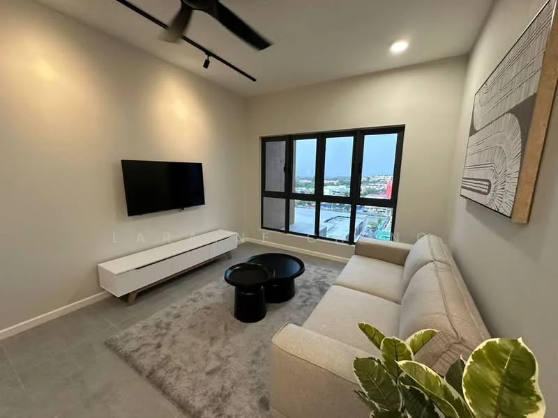 Living features: light grey walls, tile flooring, 5-blade ceiling fan, wall-mounted TV, white TV console, beige fabric sofa, black coffee table, area rug with neutral tones, floor-to-ceiling windows, city view; style: modern; view: city.