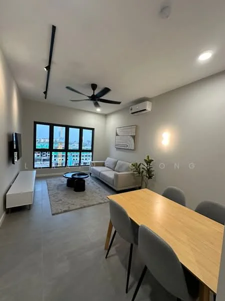 Living features: 3-seater fabric sofa in light grey, coffee table, wall-mounted TV, TV console in white, area rug with geometric pattern, 5-blade ceiling fan with light, 1 wall-mounted split AC, floor-to-ceiling windows, grey tiled flooring, decorative wall art; style: modern; view: city. Dining features: 6-seater dining table in light wood, upholstered dining chairs in grey, pendant lighting above dining table; style: modern; view: city.