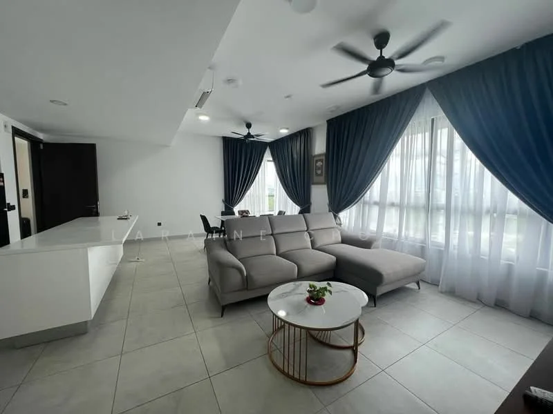 Living features: L-shape sectional sofa in grey, round coffee table with gold base, floor-to-ceiling windows, sheer curtains, dark blue drapes, ceiling fan with light, recessed downlights, tile flooring, white walls, decorative wall art; style: modern.