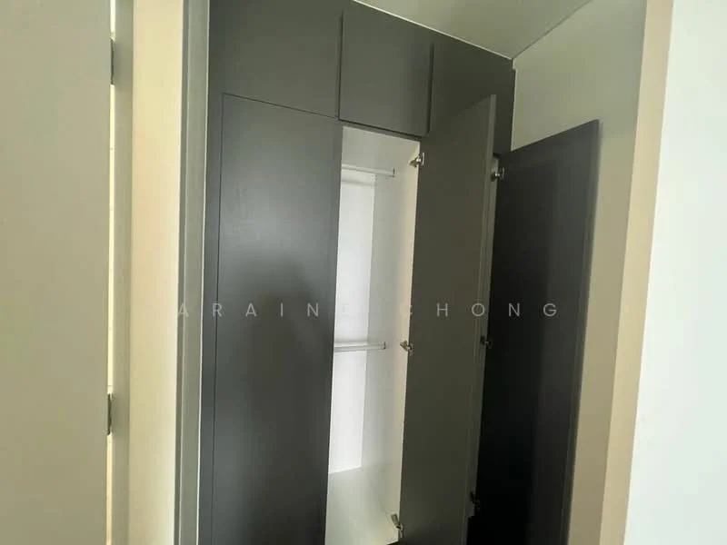 Room features: built-in wardrobe, grey cabinetry, sliding doors, open shelving, hanging rod; style: modern.