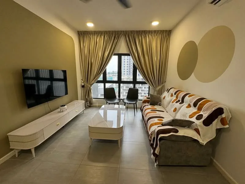 Living features: grey fabric sofa, coffee table with glossy surface, wall-mounted TV, floor-to-ceiling windows, sheer curtains, decorative wall with circular accents, light grey tiled flooring, 2 upholstered chairs; style: modern; view: city.