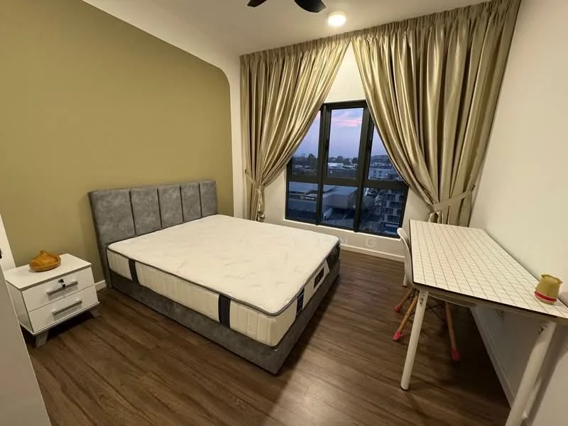 Bedroom features: queen-size bed, upholstered headboard, wooden flooring, floor-to-ceiling windows, sheer curtains, dark grey accent wall, white painted walls, study desk, chair, nightstand, decorative item on nightstand; style: modern; view: city.
