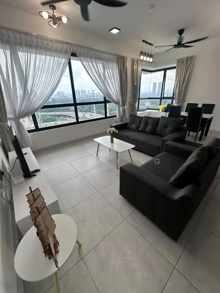Living features: grey fabric 3-seater sofa, black accent cushions, white coffee table, TV console, wall-mounted TV, large floor-to-ceiling windows, sheer curtains, recessed ceiling lights, 5-blade ceiling fan, decorative wooden sculpture, tile flooring, open layout to dining area; style: modern; view: city. Dining features: black dining table for 6, black upholstered dining chairs, hanging pendant lights, large windows, tile flooring; style: modern; view: city.