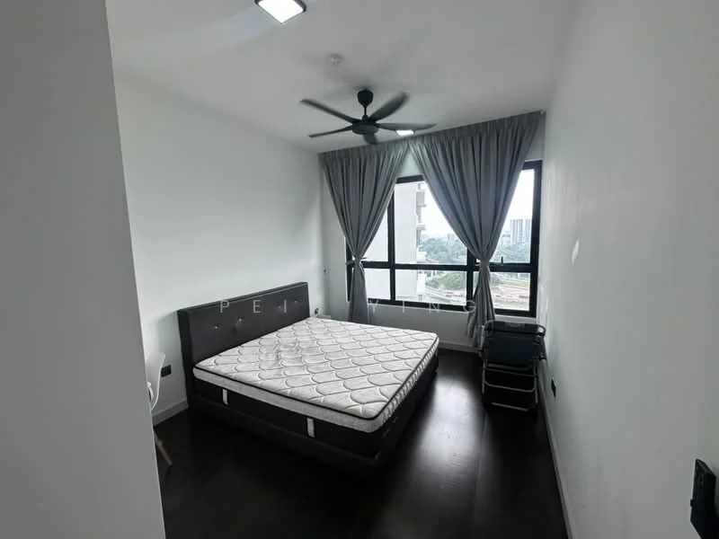 Bedroom features: king-size bed, upholstered headboard, floor-to-ceiling windows, grey curtains, 5-blade ceiling fan, dark wood flooring, nightstand, white painted walls; style: modern; view: city.