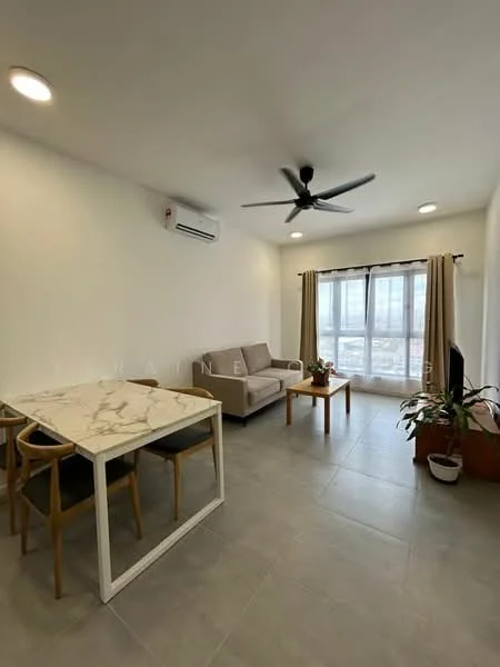 Living features: grey fabric sofa, ceiling fan, wall-mounted split AC, floor-to-ceiling windows, sheer curtains, marble-top dining table, 4 wooden dining chairs, tile flooring, decorative indoor plant, wooden planter box; style: modern; view: city.