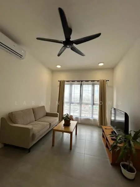 Living features: 3-seater fabric sofa in beige, wood coffee table, wall-mounted TV, TV console, floor-to-ceiling windows, sheer curtains, ceiling fan with light, recessed downlights, light-colored walls, tile flooring, indoor plant in ceramic pot; style: modern; view: city.