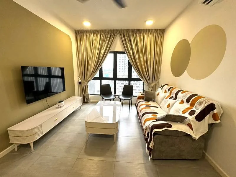 Living features: 3-seater fabric sofa with patterned throw, coffee table with glossy surface, TV console with storage, wall-mounted flat-screen TV, floor-to-ceiling windows, sheer curtains, grey tiled flooring, ceiling fan, decorative wall with circular accents, 2 dining chairs; style: modern; view: city.