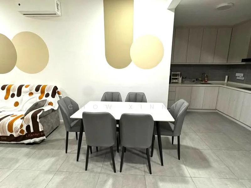 Dining features: 6-seater dining table, grey upholstered dining chairs, white tabletop, light grey tiled flooring, air conditioning unit on wall, light grey cabinetry, kitchen area in background, decorative wall with circular patterns; style: modern.