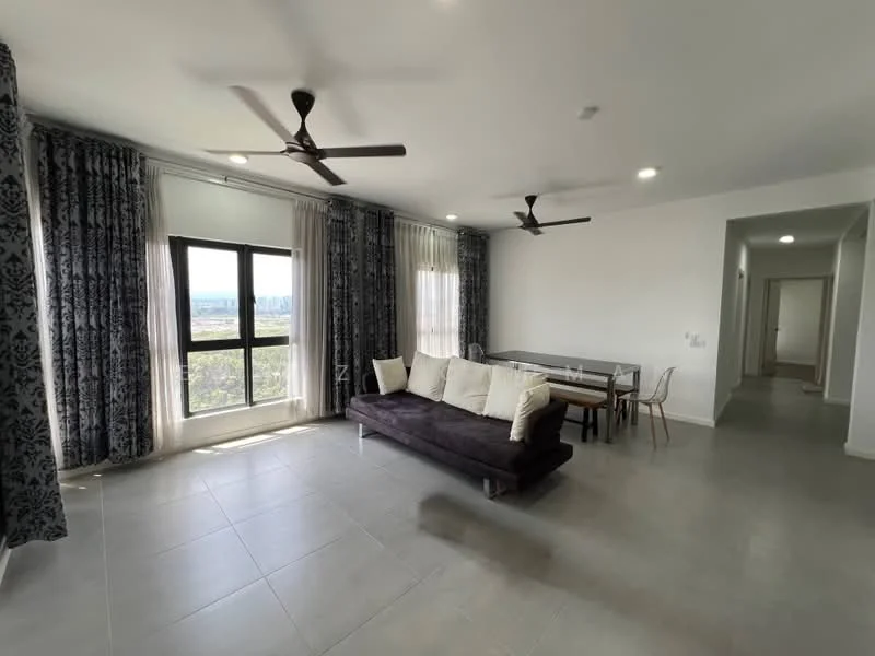 Living features: 3-seater fabric sofa in dark grey, floor-to-ceiling windows, sheer curtains, blackout curtains, 2 ceiling fans, recessed LED downlights, tile flooring, dining table with chairs, decorative wall with pattern, neutral painted walls; style: modern; view: city.