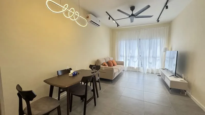 Living features: 3-seater fabric sofa in beige, orange throw pillows, dining table for 4 with dark wood finish, 4 dining chairs, wall-mounted TV, white TV console, ceiling fan with light, recessed LED downlights, floor-to-ceiling windows with sheer curtains, grey tile flooring, air conditioning unit; style: modern.