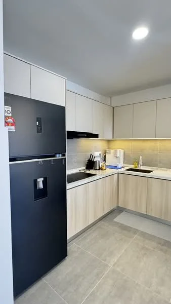 Kitchen features: black refrigerator, white countertop, wood cabinetry, stainless-steel sink, chrome pull-down faucet, built-in oven, ceramic tile backsplash, recessed LED downlights, grey tile flooring, kitchen utensils visible, microwave, dishwasher; style: modern.