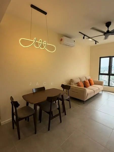 Living features: light beige painted walls, grey tile flooring, 5-blade ceiling fan with light, LED pendant light, 3-seater fabric sofa in beige, orange accent cushions, wooden dining table, 4 wooden dining chairs, floor-to-ceiling windows with city view, wall-mounted split AC; style: modern; view: city.