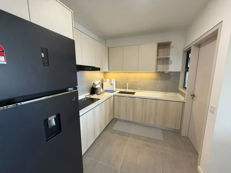 Kitchen features: black stainless-steel fridge, white cabinetry with flat-panel design, light wood lower cabinets, black countertop, built-in oven, stainless-steel sink, chrome pull-down faucet, grey tile backsplash, grey tile flooring, under-cabinet lighting, open shelving, wall-mounted range hood; style: modern.