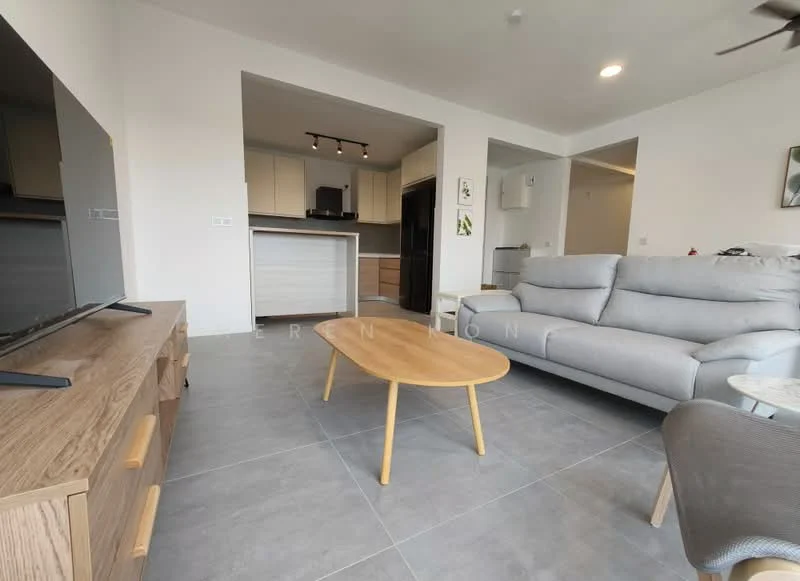 Living features: grey fabric sofa, wooden coffee table, TV console, wall-mounted TV, recessed ceiling lights, ceiling fan, large windows, tile flooring, neutral painted walls; style: modern. Kitchen features: kitchen island, stainless-steel appliances, light cabinetry, dark countertops, open layout; style: modern.