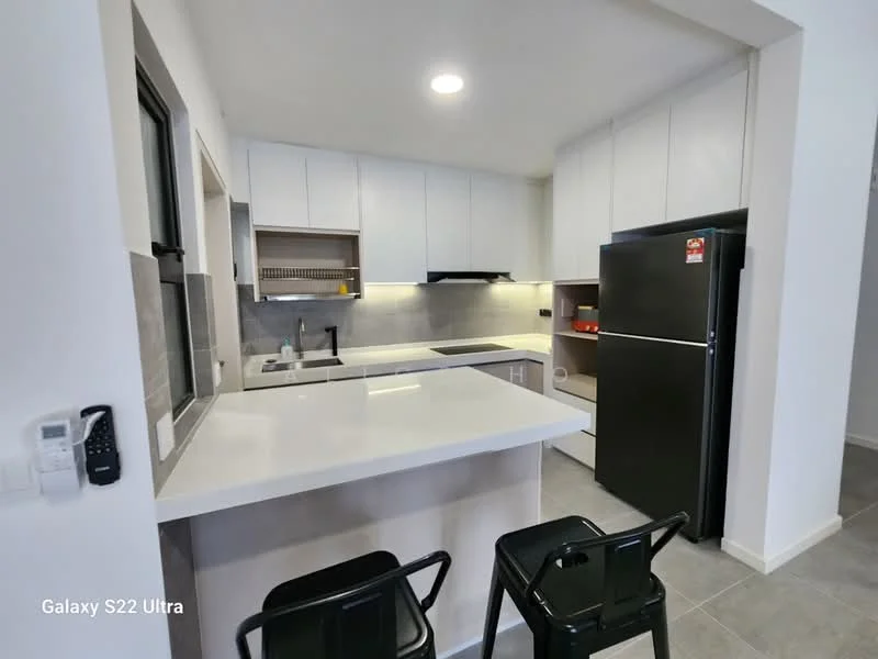 Kitchen features: white cabinetry, grey tiled backsplash, white countertop, stainless-steel sink, chrome pull-down faucet, built-in oven, 4-burner gas hob, black refrigerator, open shelving, bar seating with black stools, recessed downlights, grey floor tiles; style: modern.