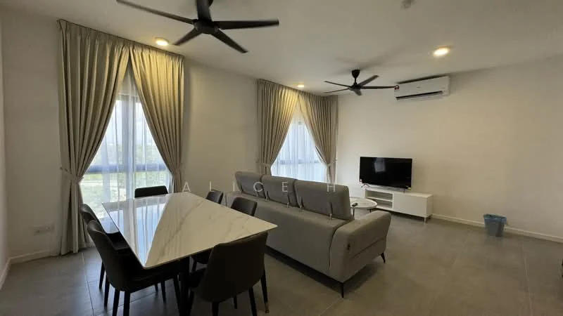 Living features: 3-seater fabric sofa in grey, 2 ceiling fans, wall-mounted TV, white TV console, marble dining table, 4 dining chairs, floor-to-ceiling windows, sheer curtains, grey tiled flooring, air conditioning unit; style: modern; view: garden.