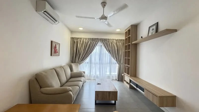 Living features: 3-seater fabric sofa in beige, wooden coffee table, wall-mounted TV console, ceiling fan with light, wall-mounted shelving unit, floor-to-ceiling window with sheer curtains, grey tiled flooring, recessed downlights, decorative artwork on wall; style: modern.
