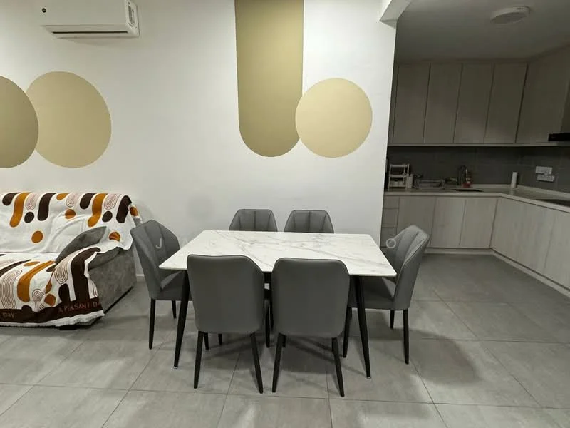 Dining features: 6-seater dining table with marble top, grey upholstered dining chairs, white painted walls, grey tile flooring, air conditioning unit on wall, open kitchen area visible in background, decorative wall with circular patterns; style: modern.