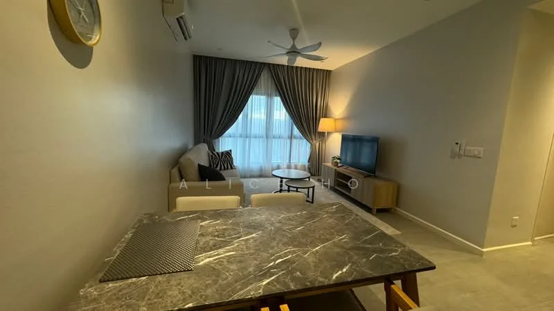 Living features: 3-seater fabric sofa in light grey, coffee table with marble top, wall-mounted TV, TV console, floor-to-ceiling windows with sheer curtains, ceiling fan with light, laminate flooring, decorative wall clock, area rug, light fixture, wall-mounted air conditioning unit; style: modern.