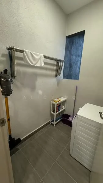 Laundry features: grey tiled flooring, white painted walls, metal drying rack, window with grey wall, white washing machine, cleaning supplies on shelf, mop and bucket, broom, shelf unit.
