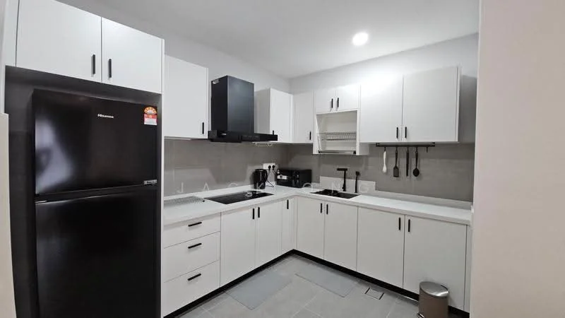 Kitchen features: white shaker cabinets, black countertop, stainless-steel single-bowl sink, chrome pull-down faucet, black built-in range hood, black refrigerator, built-in microwave, electric stove, grey tile flooring, white backsplash, kitchen utensils hanging, under-cabinet lighting; style: modern.