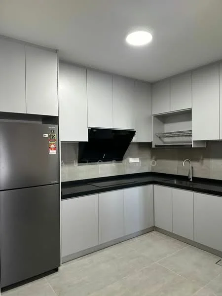 Kitchen features: grey cabinetry, black countertop, stainless-steel fridge, built-in hood, single-bowl stainless-steel sink, chrome pull-down faucet, wall-mounted shelving, tile backsplash, ceramic tile flooring, recessed ceiling light; style: modern.