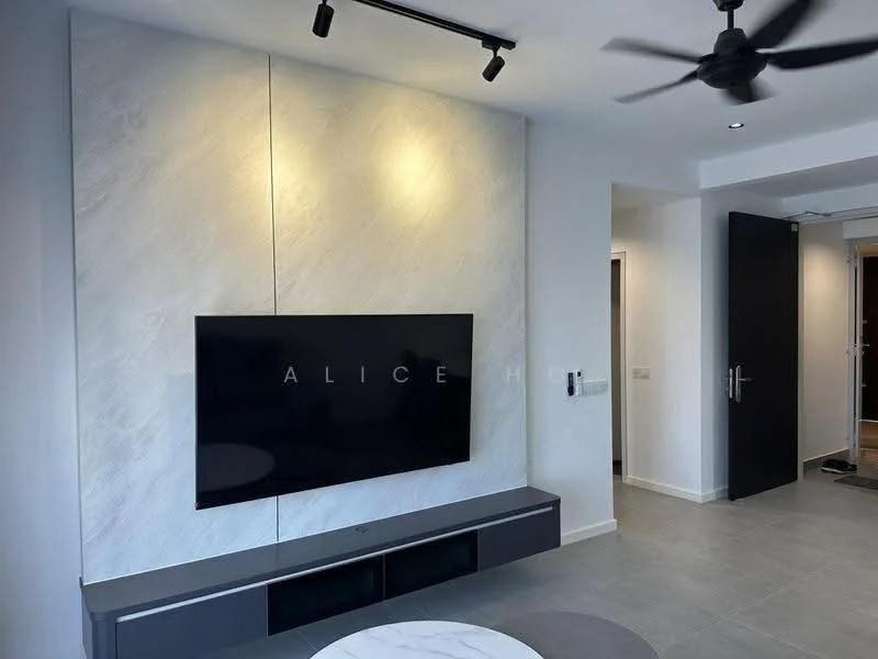 Living features: wall-mounted TV, light grey feature wall with marble texture, built-in TV console with storage, recessed lighting, track lighting, ceiling fan, grey tiled flooring, open layout, neutral color palette; style: modern.
