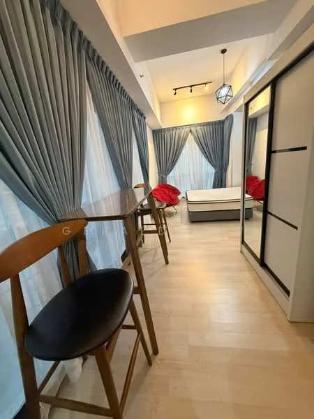 Room features: wooden flooring, grey curtains, floor-to-ceiling windows, recessed lighting, pendant light, bar table with stools, queen-size bed, built-in wardrobe with sliding doors, red accent pillows; style: modern.