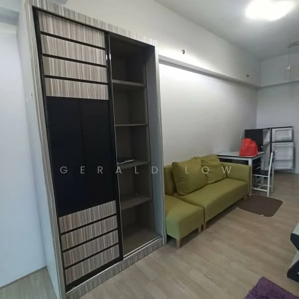 Room features: green fabric sofa, built-in wardrobe with sliding doors, light wood laminate flooring, white painted walls, desk with chair, shelf unit, recessed ceiling lights; style: modern.