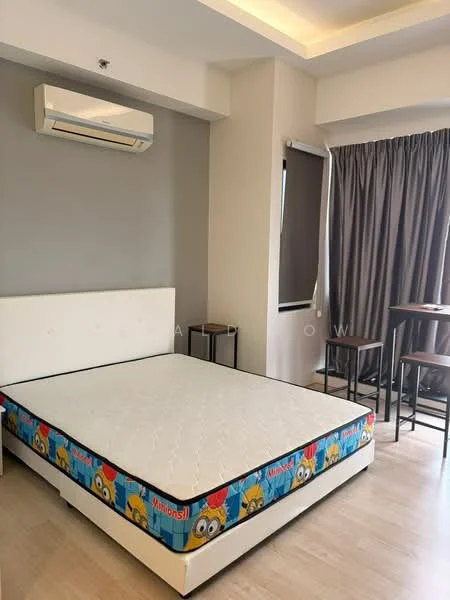 Bedroom features: queen-size bed with mattress, light grey painted walls, wooden flooring, wall-mounted split AC, floor-to-ceiling window, blackout curtains, small dining table with two chairs, recessed ceiling lights; style: modern.