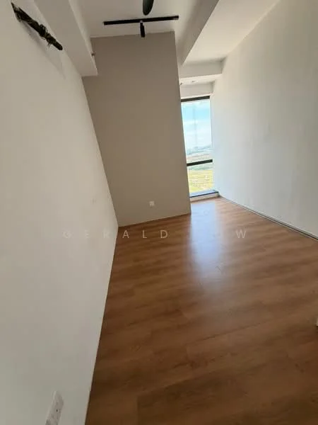 Room features: light wood laminate flooring, white painted walls, large window with city view, ceiling fan, corner layout; style: modern; view: city.