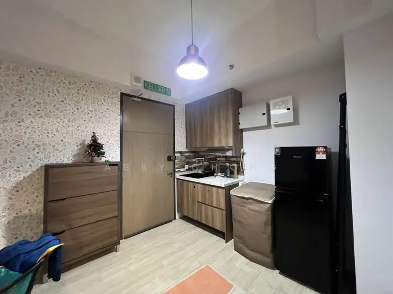 Kitchen features: wood cabinetry, white countertop, stainless-steel sink, chrome pull-down faucet, tile backsplash with stone pattern, black fridge, built-in oven, drawer storage, light wood flooring, recessed downlights, decorative wall with floral pattern, door with security lock, waste bin; style: modern.