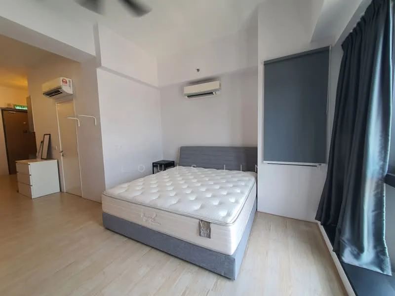 Bedroom features: queen-size bed, mattress on bed frame, wooden flooring, 1 wall-mounted split AC, black bedside table, grey upholstered bed frame, floor-to-ceiling window, curtains in dark grey, light grey painted walls, ceiling fan; style: modern.