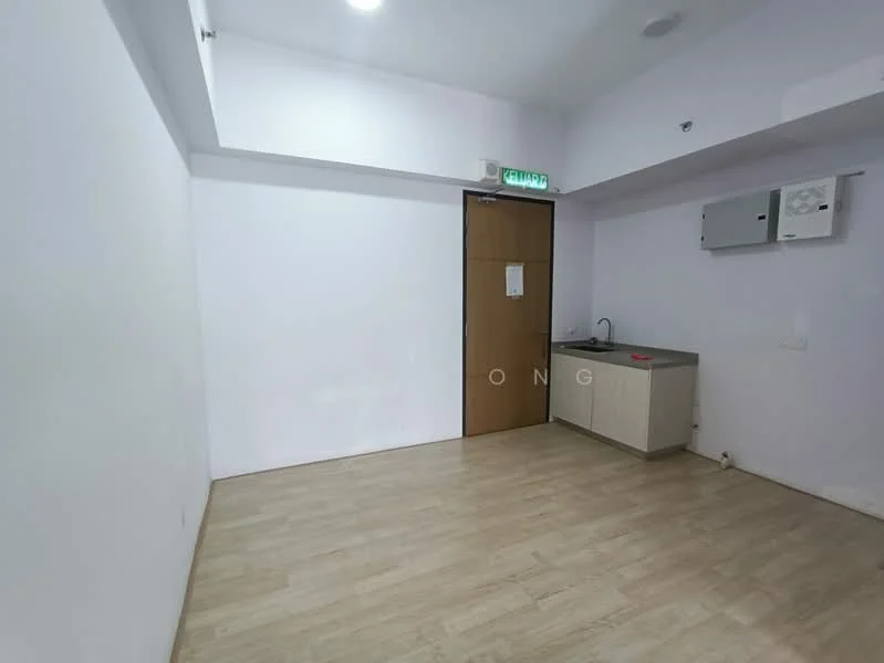 Room features: white painted walls, laminate flooring, single-bowl stainless-steel sink, kitchen cabinetry with light wood finish, wall-mounted air conditioning unit, door with wooden finish, light ceiling with recessed lighting; style: modern.