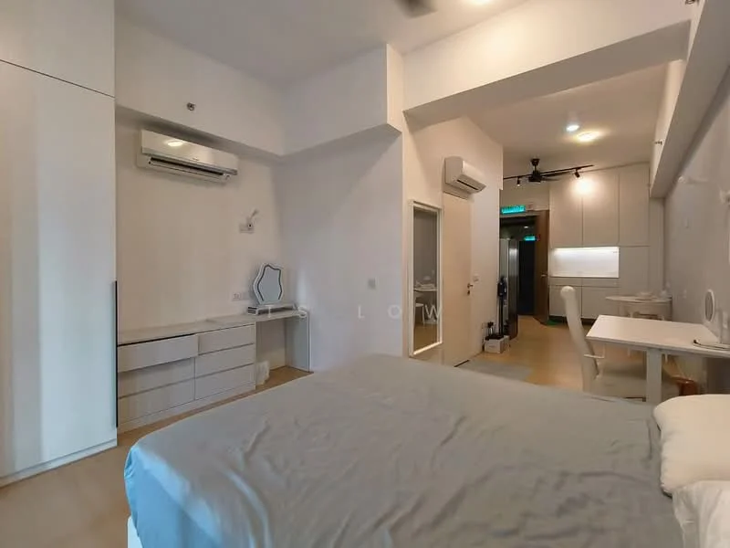 Bedroom features: queen-size bed with grey bedding, white painted walls, light wood flooring, built-in wardrobe with sliding doors, wall-mounted air conditioning unit, desk with chair, vanity mirror, recessed ceiling lights; style: modern.