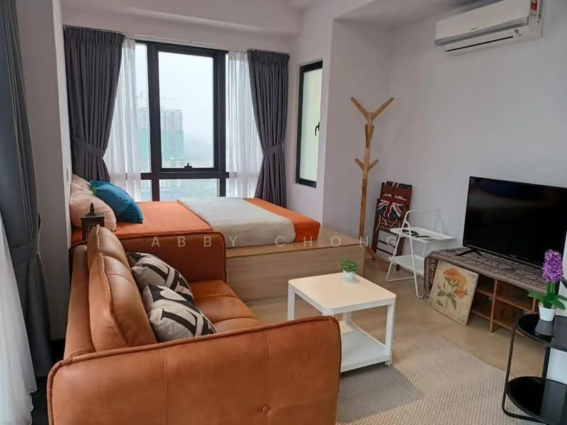 Bedroom features: queen-size bed with light bedding, sofa in brown leather, decorative cushions, white side table, wall-mounted TV, air conditioning unit, floor-to-ceiling windows, sheer curtains, wooden flooring, decorative wall art, plant in ceramic pot, rug with neutral color; style: modern; view: city.