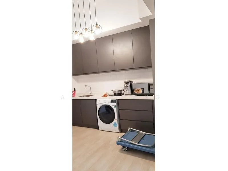 Kitchen features: dark cabinetry, white backsplash, single-bowl stainless-steel sink, chrome pull-down faucet, built-in oven, freestanding washing machine, countertop appliances, recessed downlights, pendant lighting, laminate flooring; style: modern.