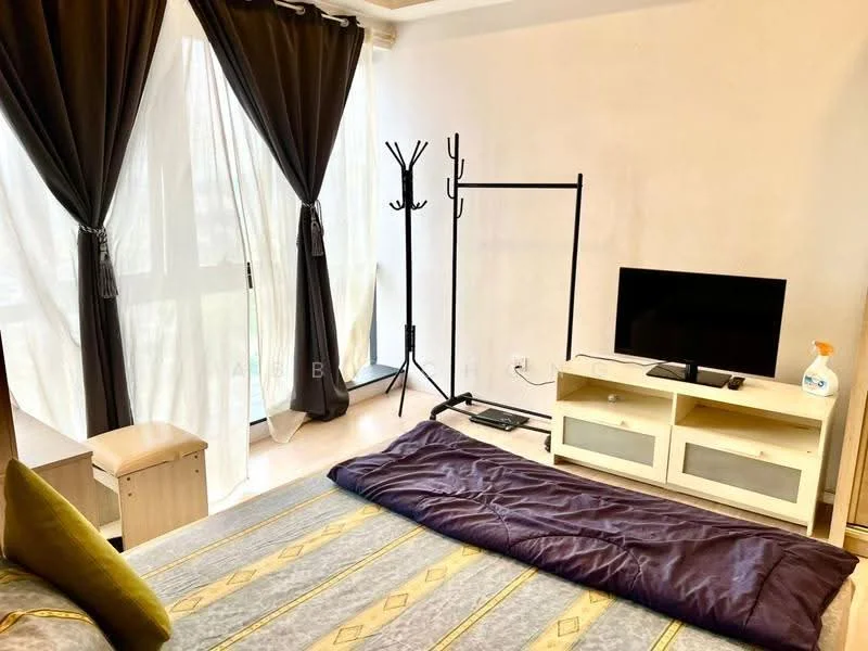 Bedroom features: floor-to-ceiling windows, blackout curtains, wooden flooring, wall-mounted TV, TV console with storage, clothes rack, bed with bedding, decorative throw pillow; style: modern.