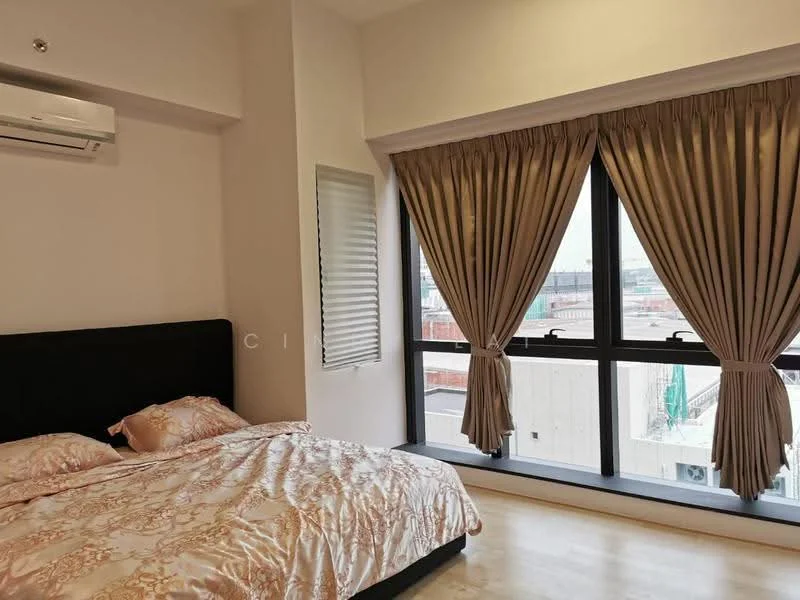 Bedroom features: king-size bed with patterned bedding, floor-to-ceiling windows, black upholstered headboard, light wood flooring, air conditioning unit, sheer curtains, blackout curtains, decorative wall paneling, nightstand, wall-mounted light fixture; style: modern; view: city.