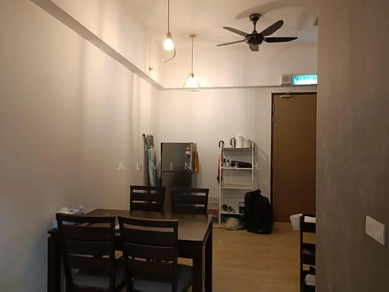 Dining features: wooden dining table, 4 wooden dining chairs, refrigerator, shelf unit, ceiling fan with light, hanging pendant lights, light-colored laminate flooring, white painted walls; style: modern.