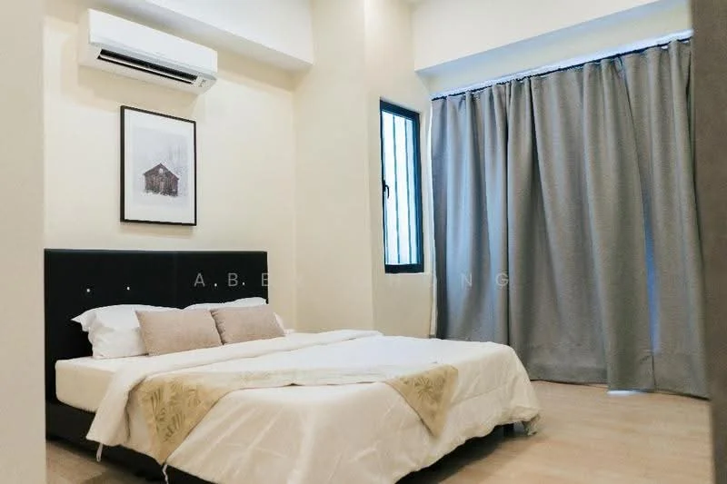 Bedroom features: queen-size bed with white bedding, upholstered headboard, two beige decorative pillows, wooden flooring, wall-mounted air conditioning unit, black framed artwork on wall, floor-to-ceiling window, grey curtains; style: modern.