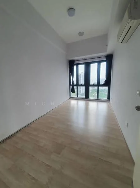 Room features: white painted walls, laminate flooring, floor-to-ceiling windows, blackout curtains, 1 wall-mounted split AC, 2 ceiling lights; style: modern; view: city.