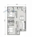 Floor plan: 2-bedroom 1-bathroom unit; features: open-plan kitchen-dining-living, master bedroom with ensuite bathroom, bedroom 2 with shared bathroom, utility room, balcony off living room, central foyer, 1 car porch.