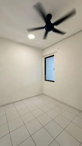Room features: white painted walls, tile flooring, ceiling fan, window with view to exterior, recessed ceiling light.