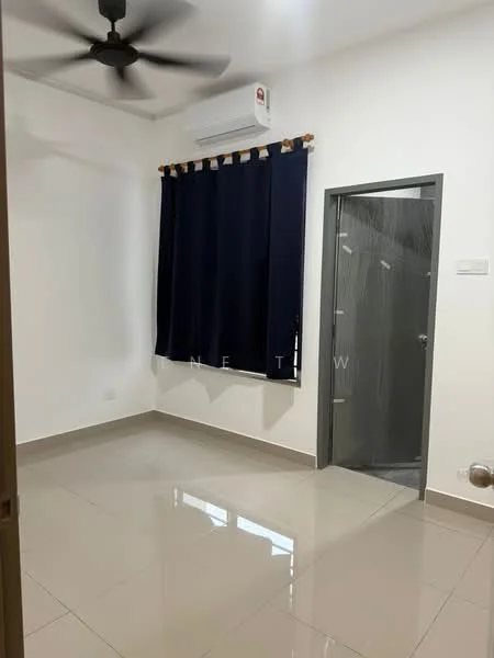 Room features: white painted walls, glossy ceramic tile flooring, 5-blade ceiling fan, wall-mounted split AC, dark blue curtains, door with glass panel, neutral color scheme, no visible furniture; style: modern.