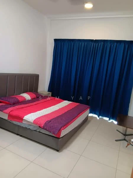 Bedroom features: king-size bed with upholstered headboard, bedding with red and purple stripes, blue curtains, white painted walls, tile flooring, side table, ceiling light; style: modern.
