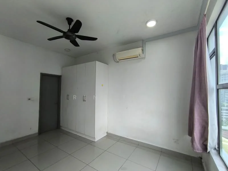 Bedroom features: white painted walls, grey tiled flooring, 5-blade ceiling fan, 1 wall-mounted split AC, built-in wardrobe with sliding doors, floor-to-ceiling window with sheer curtains, natural light from window; style: modern; view: city.